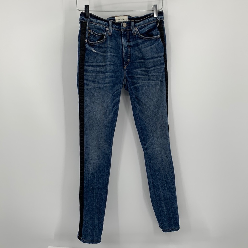 McGuire skinny jeans black satin tuxedo stripe ankle length distressed women 24